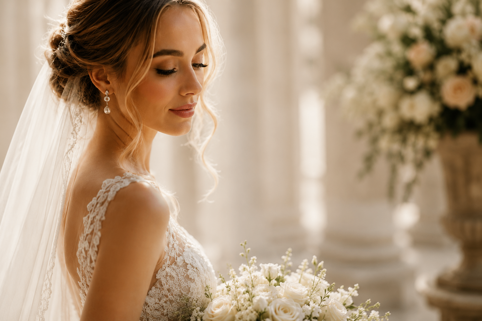 Elegant bride in a white lace wedding gown holding a white bouquet